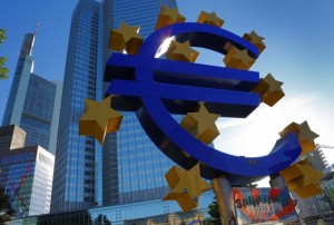 A euro sign sculpture is seen outside the European Central Bank (ECB) headquarters in Frankfurt, Germany, on Wednesday, Aug. 1, 2012. As Denmark experiments with official interest rates below zero, European Central Bank President Mario Draghi is getting a glimpse of how extreme monetary policy decisions play out in real life. Photographer: Hannelore Foerster/Bloomberg